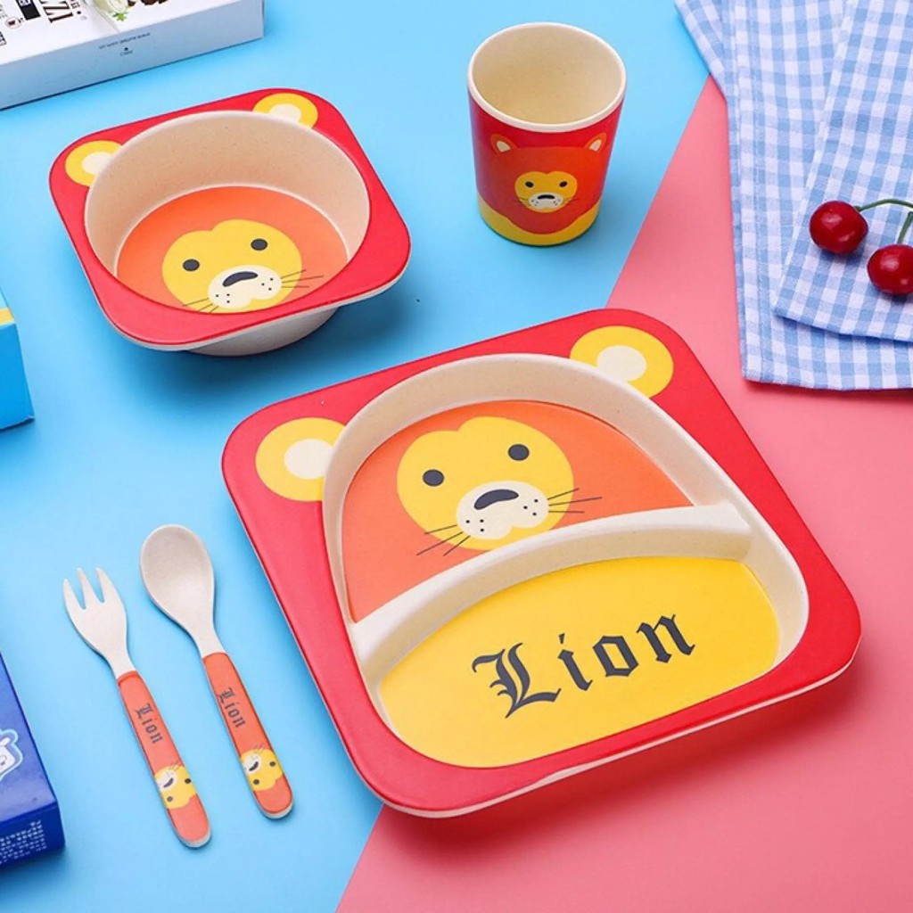 Dụng cụ ăn dặm cho bé 💕𝑭𝒓𝒆𝒆𝒔𝒉𝒊𝒑💕 Bộ 5 món đồ dùng ăn dặm chất liệu từ sợi tre trang trí hoạt tiết hoạt hình