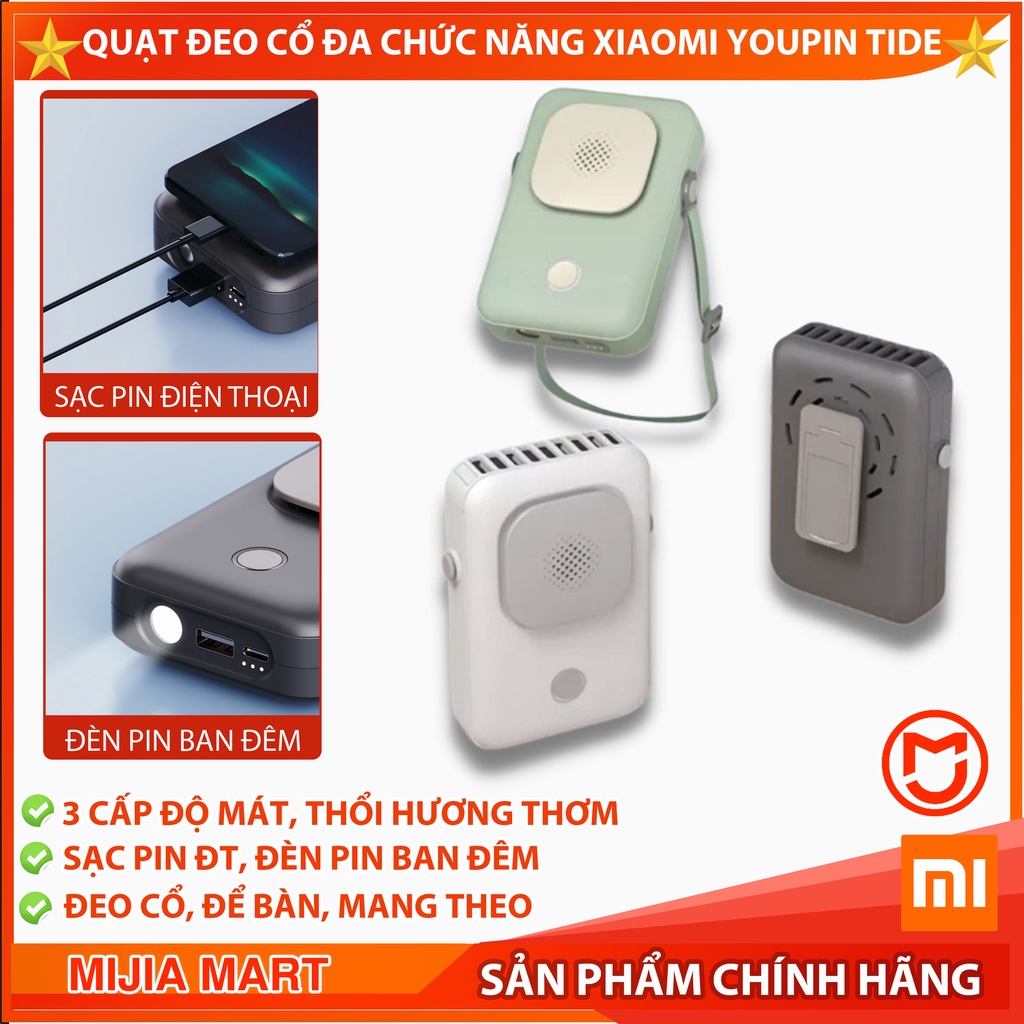 Quạt đeo cổ đa chức năng Xiaomi Youpin Tide, quạt mini để bàn thổi hương thơm, 3 cấp độ, kiêm đèn pin, sạc điện thoại