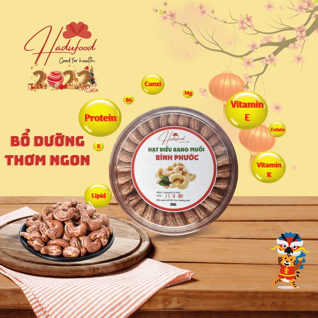 Hạt Điều rang muối Bình Phước - Loại I, hạt to, đều - Giòn, thơm, không mặn - 500g - HaduFood