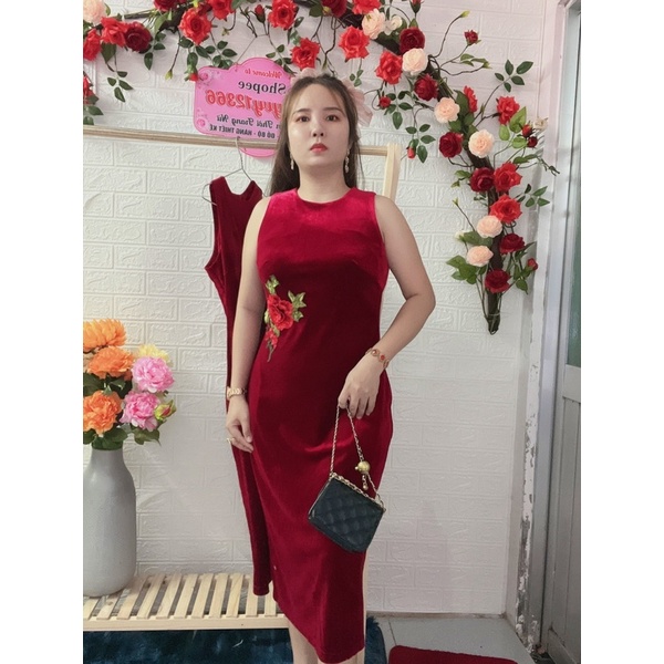 ĐẦM NHUNG KẾT HOA THÊU