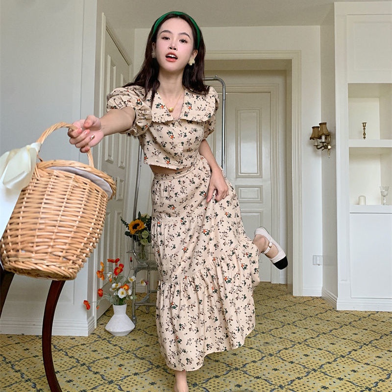 Set áo tay bong bóng kèm chân váy dáng chữ A thời trang phong cách Hàn Quốc xinh xắn