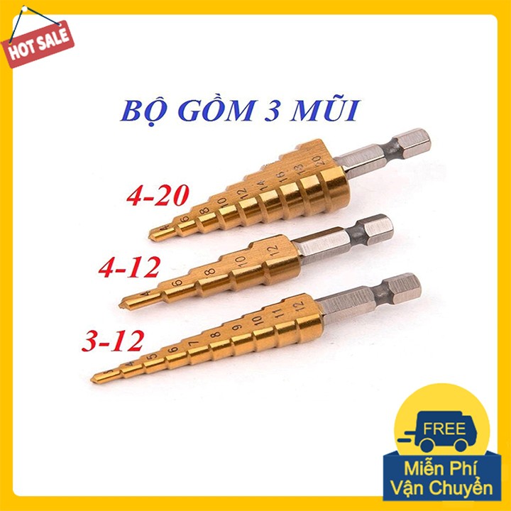 3 mũi khoan, Bộ 3 mũi khoan bước phủ titanium thép gió 4-20