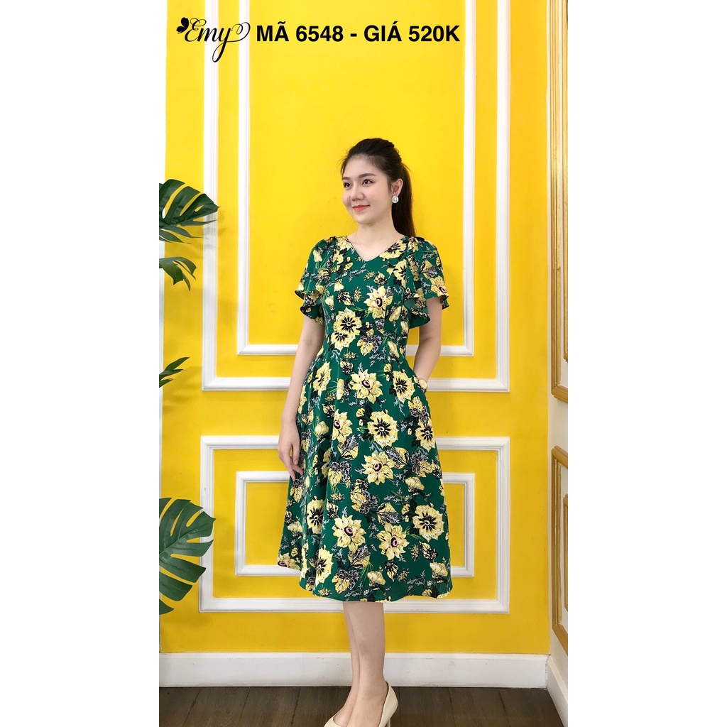 Váy EMY EM6548 Nữ Xòe Xanh Hoa Cổ Tim Tay Cánh Tiên Có Túi