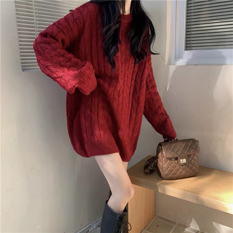 Áo len đỏ vặn thừng form oversize to rộng