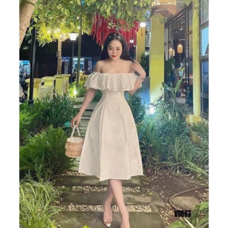 Đầm nữ trễ vai dang xòe thiết kế sang trọng quyến rũ chất vải lụa có mút thời trang SOPHIA