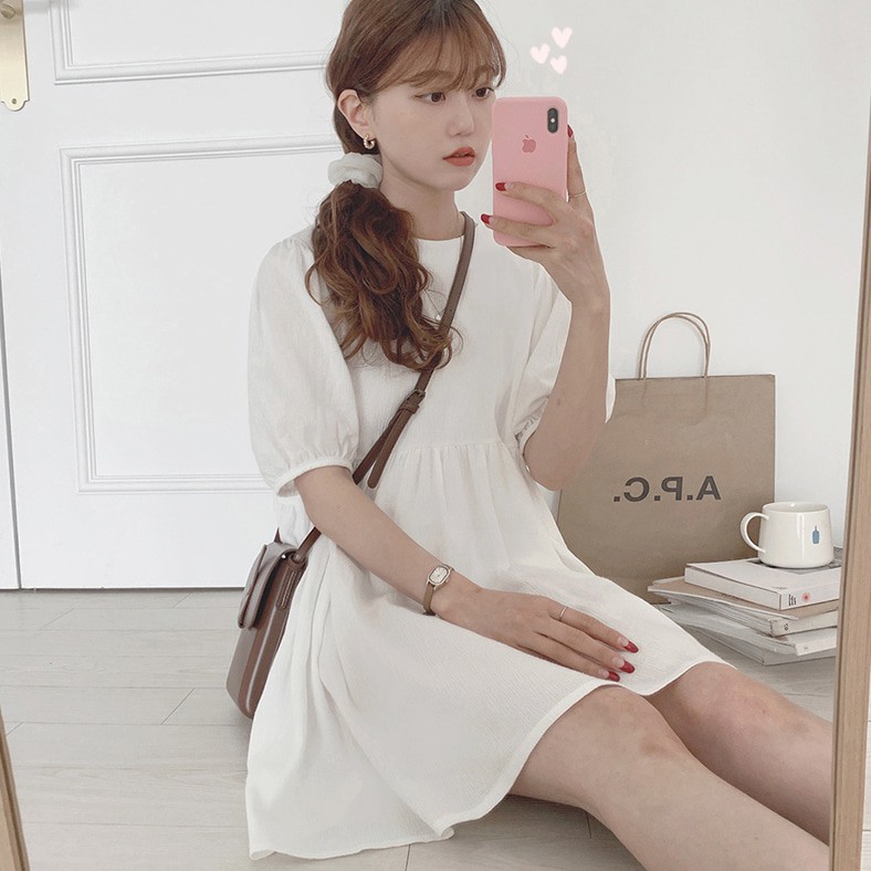 Đầm tay phồng cổ tròn màu trơn xinh xắn cho nữ 34980