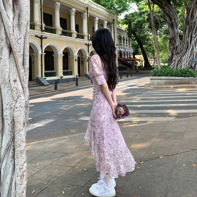 Đầm Maxi Tay Ngắn Hoạ Tiết Hoa Thiết Kế Xẻ Quyến Rũ