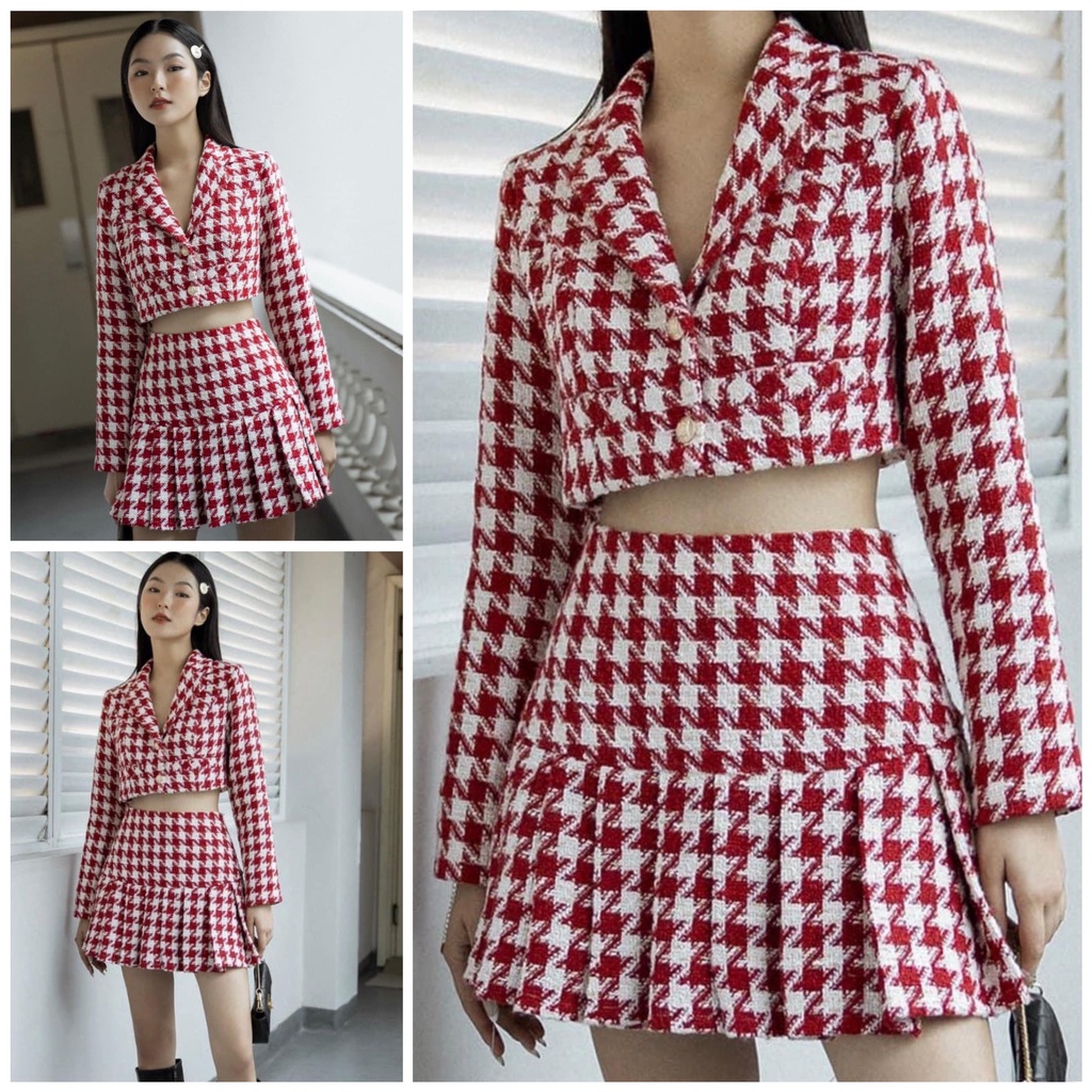 Sét áo dạ tweed kẻ ziczac đỏ dáng croptop kèm chân váy xếp ly- áo dạ dáng ngắn 2 lớp phong cach hàn quốc ulzzang