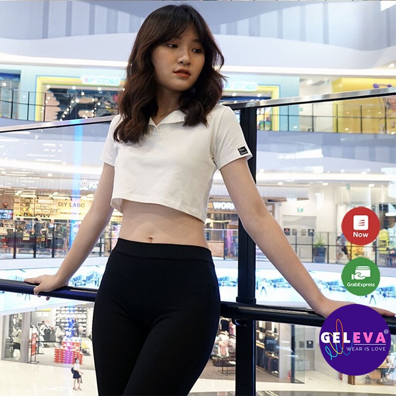 Áo croptop polo nữ vải cotton đẹp có cổ tay ngắn màu trắng đen ghi hồng, Ao crop top Geleva GE761 | BigBuy360 - bigbuy360.vn