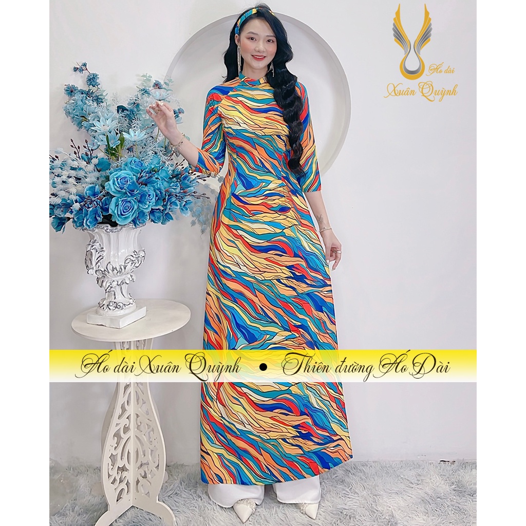 Áo Dài Retro Đa Sắc Trẻ Trung, Thanh Lịch Duyên Dáng Tặng Tuban Lụa Habutai K08 - Áo Dài Xuân Quỳnh