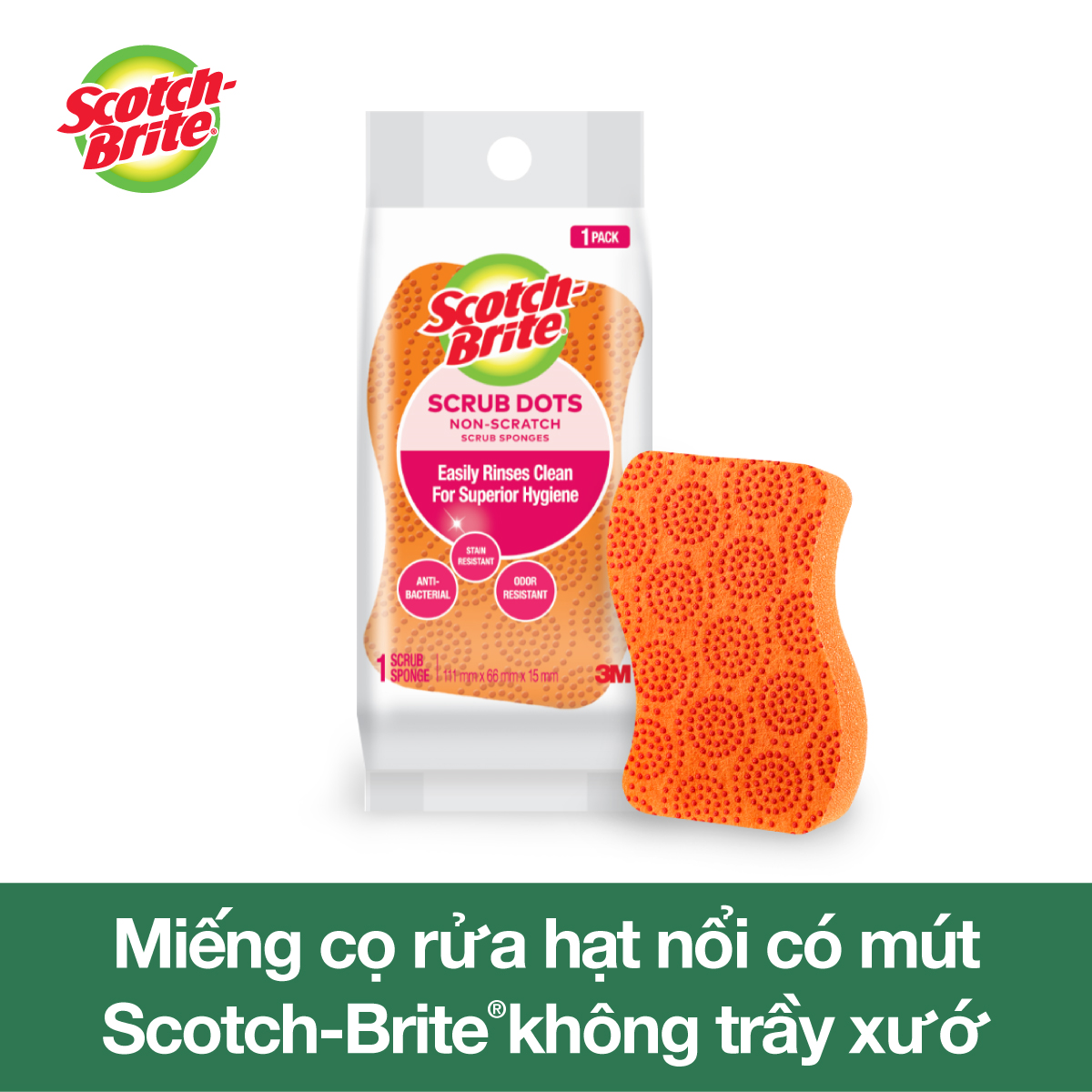 Miếng rửa chén hạt nổi không trầy xước Scotch Brite 3M đa năng, mút kháng khuẩn, không bám cặn màu cam/xanh