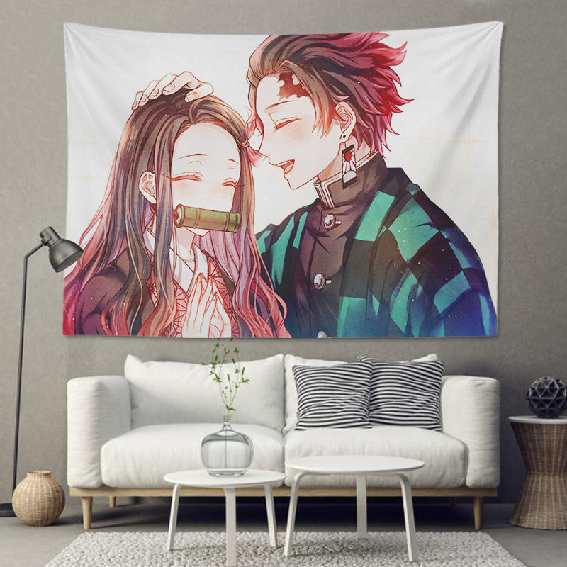 Anime Kimetsu No Yaiba Nezuko Tanjirou Background Fabric Dorm Room Bedroom Dress up Decoration Hanging Cloth