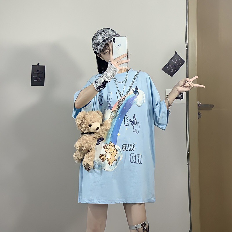 Áo phông tay lỡ form rộng, áo thun unisex nam nữ chất cotton rainbows bear