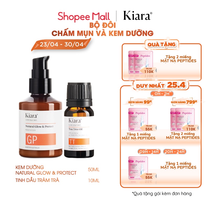 Bộ đôi Chấm mụn Tea Tree Oil 10ml và Kem dưỡng ẩm phục hồi da Kiara Natural Glow &amp; Protect