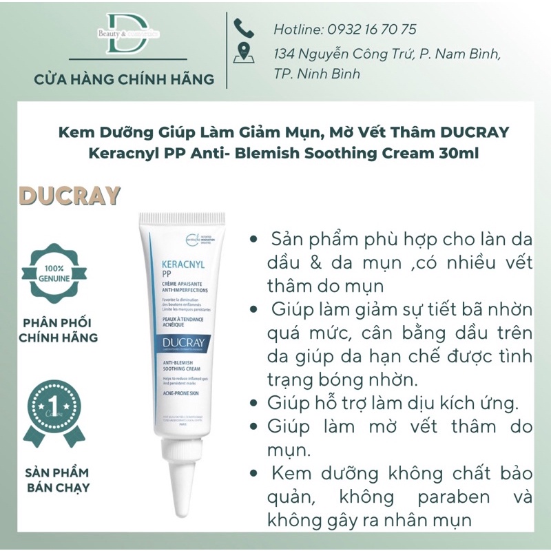 Kem Dưỡng Ducray Keracnyl PP Anti- Blemish Soothing Cream 30ml, Giúp Làm Giảm Mụn, Mờ Vết Thâm.