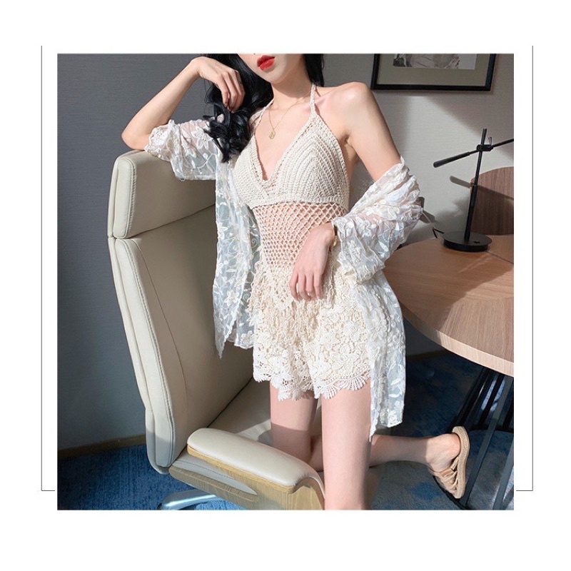 Ren 08-Ảnh Video Thật Shop Chụp-Set Ren Bikini Đi Biển, Bộ Bơi Nữ 3 Chi Tiết Có Bán Rời