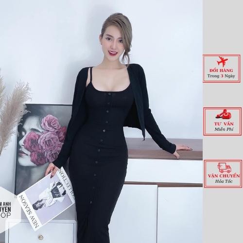 sét áo cardigan kèm váy 2 dây body màu xanh hồng đẹp dáng siêu hót phong cách YoLo-Fashion