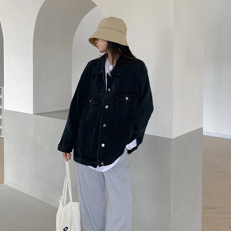 Áo Khoác Jean Dài Tay Màu Đen, Áo Denim Bò Có Cổ Cài Cúc Loại 1 Hàng Quảng Châu Phong Cách Ulzzang Cá Tính Basic