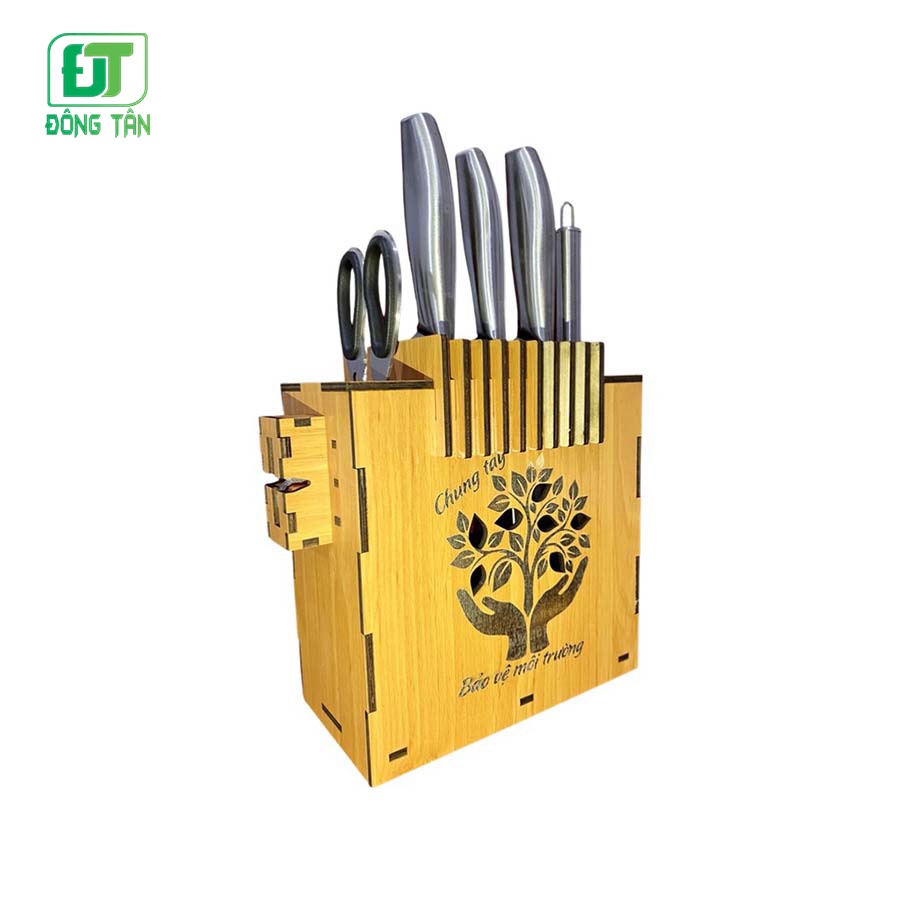 Đế Cắm Dao Bằng Gỗ ĐÔNG TÂN Cao Cấp Tích Hợp Mài Dao Bằng Thép Không Gỉ