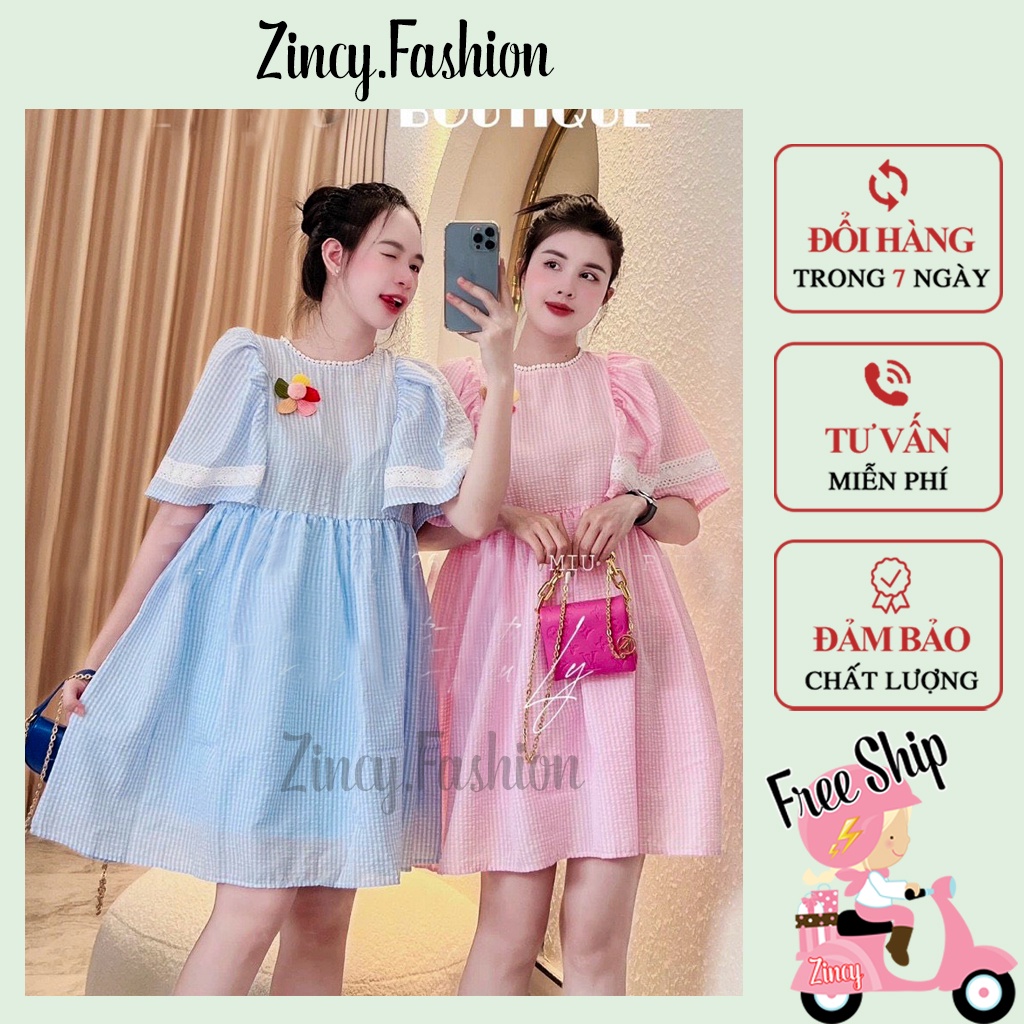 Đầm babydoll tay phồng cánh dơi caro gắn bông Váy xoè dễ thương cổ tròn viền ren Zincy bầu bí bon chen được ĐBBCR01
