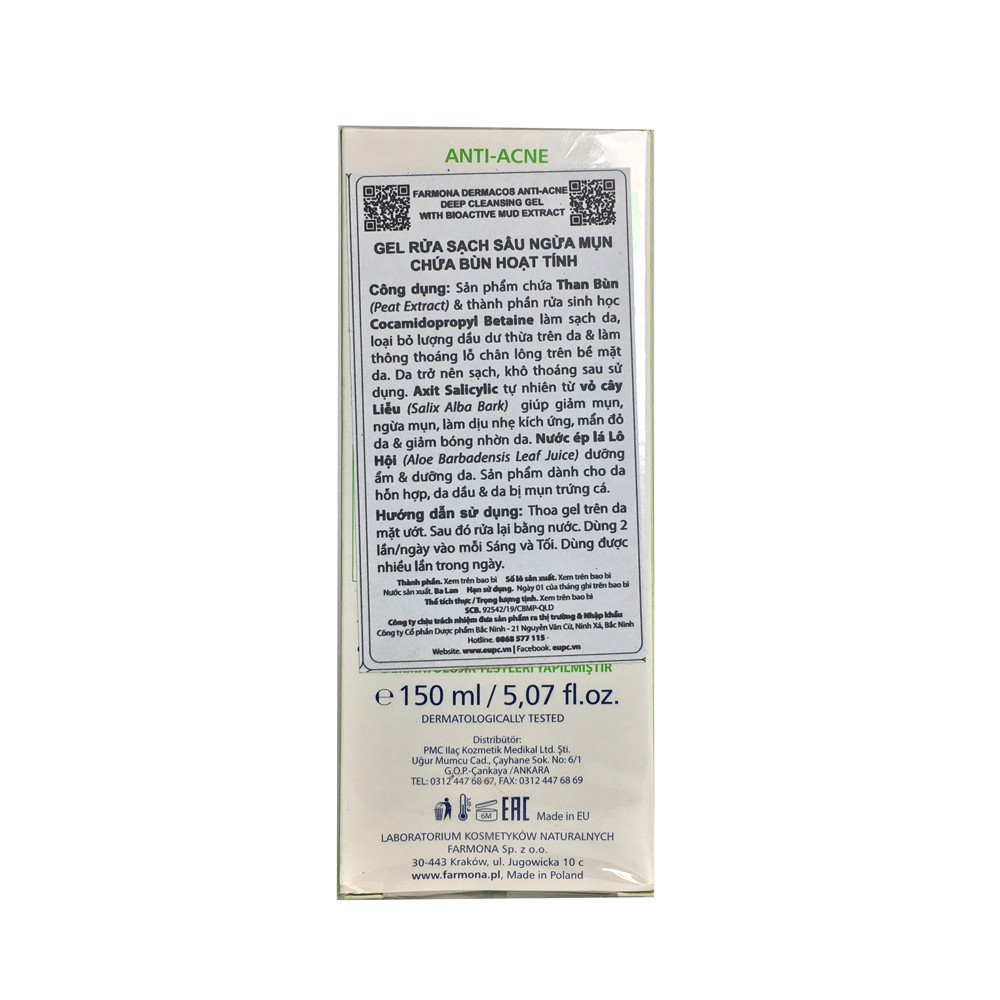 Sữa Rửa Mặt Farmona Dermacos Anti Acne Deep Cleansing Gel Sạch Sâu Ngừa Mụn, Cho Da Dầu Mụn 150ml