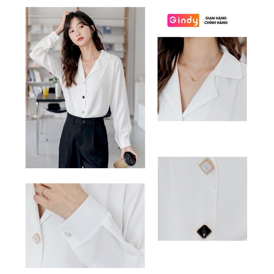 Áo sơ mi lụa ngọc trai GINDY cổ vest cúc đá vuông tay dài dáng basic sang chảnh thời trang xuân hè, công sở A10110