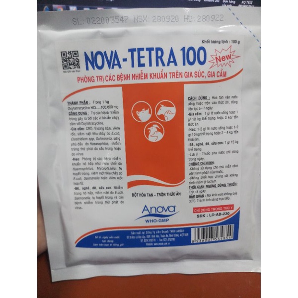 Nova tetra 100 100 gram nhiễm khuẩn trên gia súc, gia cầm hsd 28/09/2024