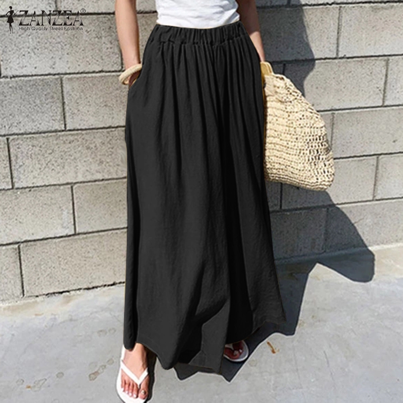 ZANZEA Quần dài lưng thun ống rộng co giãn thoải mái cho nữ