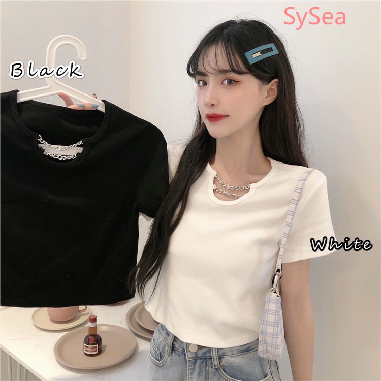 Áo Thun Màu Sắc Đơn Giản Phối Dây Xích Thời Trang Cho Nữ