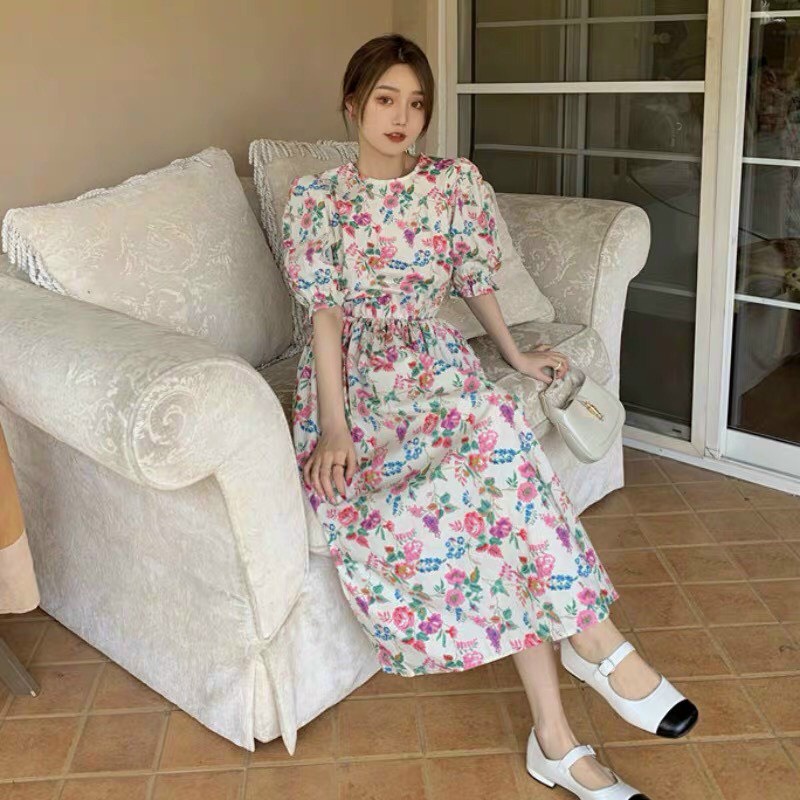 Đầm hoa dáng thân dài bo chun ống tay và eo bụng thích hợp đi biển đi dạo phố nha chị em