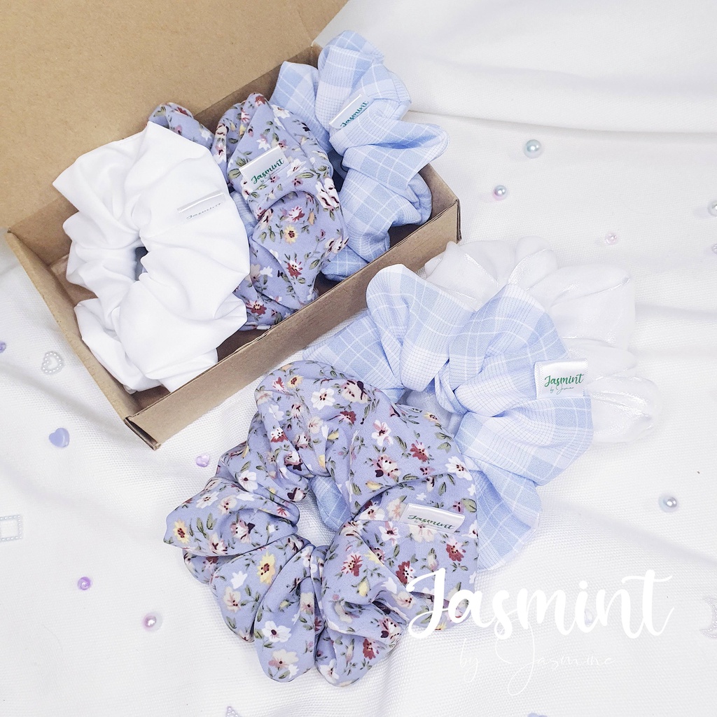 Đồ cột tóc, buộc tóc vải hoa tím môn nhẹ nhàng, tông xanh pastel đáng yêu, scrunchies chiffon Jasmint
