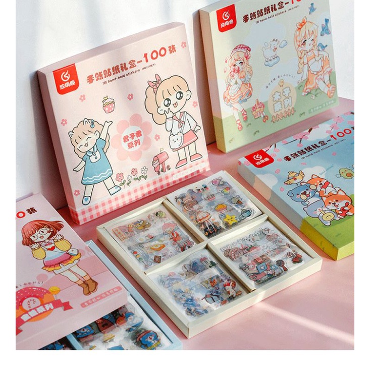Hộp 100 tấm sticker dán trang trí sổ lưu niệm cute, kệ giá sách