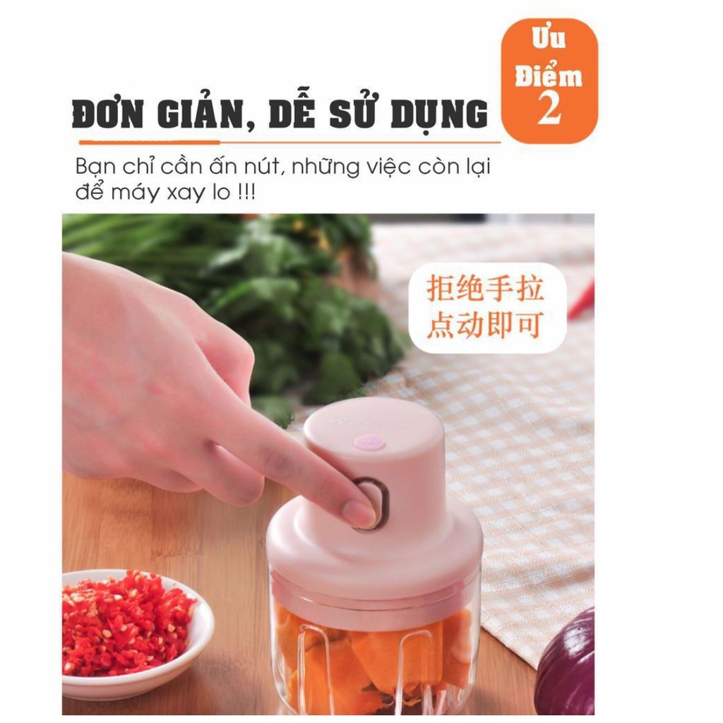 Máy Xay Tỏi Ớt Cầm Tay Đa Năng Sạc Pin Cao Cấp Xay Tỏi Ớt Hành Rau Củ Quả 250ml