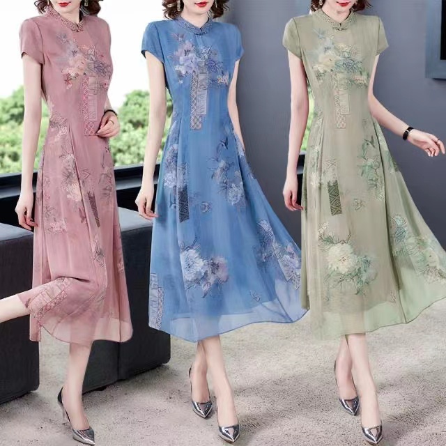 Đầm Sườn Xám Cách Tân Chất Liệu Chiffon Thời Trang Mùa Hè 2022 Mới Cho Nữ Trung Niên