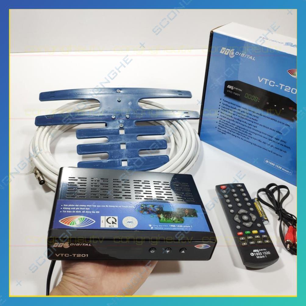 Đầu thu kỹ thuật số kèm Anten xanh 15m truyền hình số mặt đất DVB T2 VTC T201