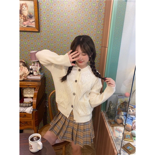𝐂𝐎́ 𝐒𝐀̆̃𝐍. Áo Len Đan Nổi Viền Ren Ulzzang Siêu Hot
