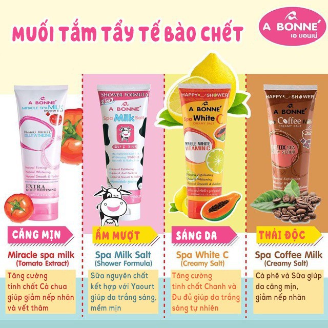 Muối tắm sữa bò tẩy tế bào chết A Bonne Spa Milk Salt - Shower Formula, Thái Lan - Dạng Tuýp 350gr