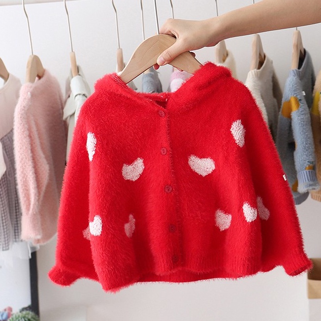 Áo khoác len bé gái, áo len cài cúc dáng cánh rơi họa tiết trái tim bé gái hàng cao cấp size 10-20kg AL32