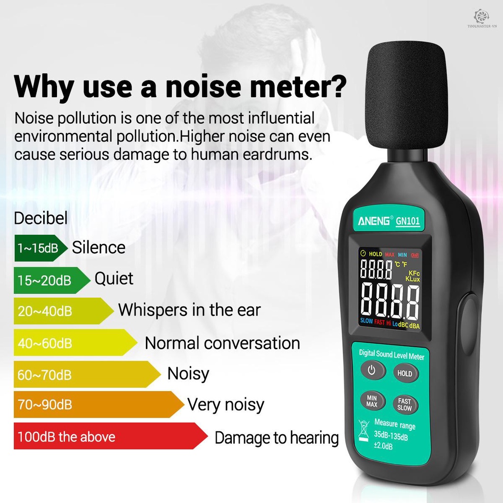 ANENG Máy đo tiếng ồn kỹ thuật số 35db-135db màn hình LCD độ chính xác cao