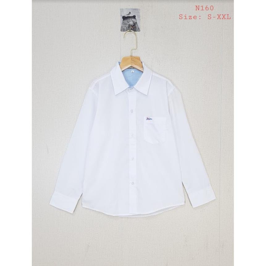 N160 - Áo sơmi bé trai , chất thô mềm , dài tay , túi ngực , màu trắng , size đại S-XXL