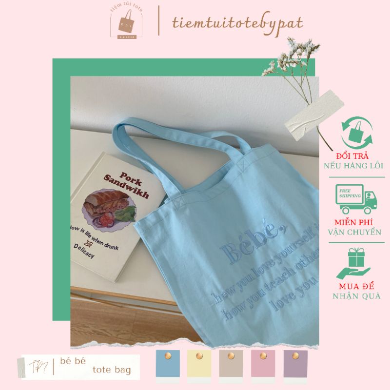 Túi tote vải canvas họa tiết thêu bé bé màu sắc pastel TP7 | tiemtuitotebypat