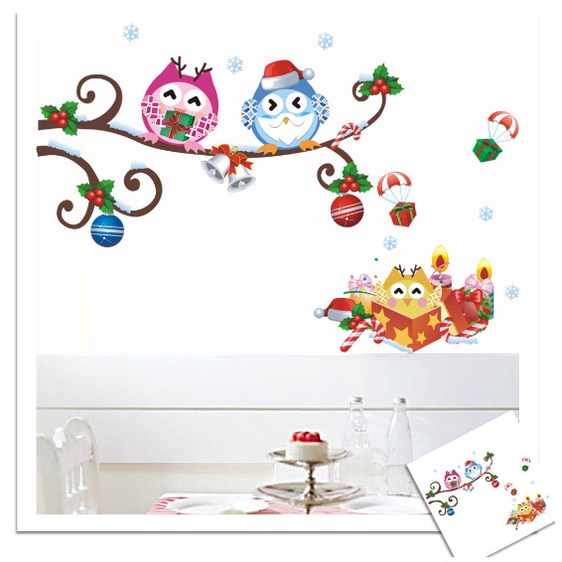 Decal trang trí tường - 3 Chú cú sắc màu đón noel