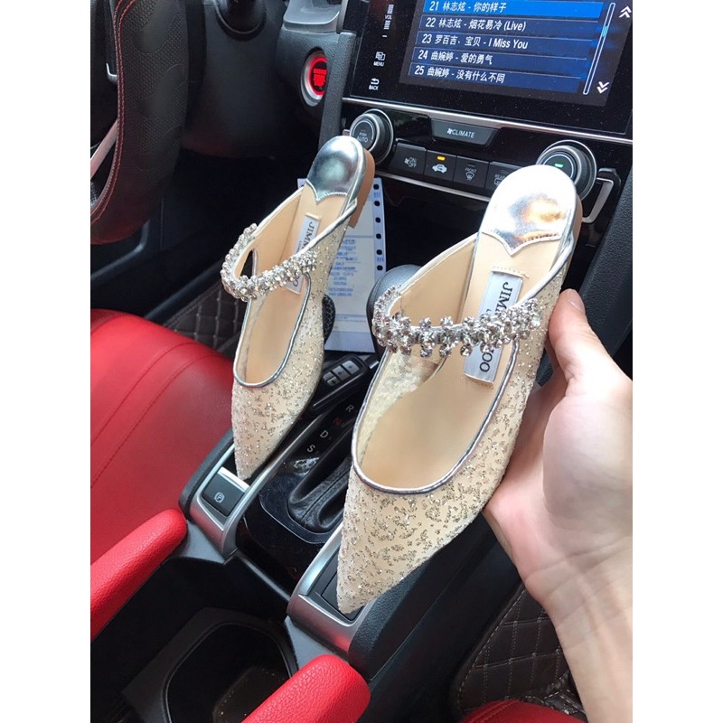 Giày bệt mũi nhọn Jymmy Choo đính đá cao cấp chất liệu lưới bên ngoài lót da bên trong siêu đẹp