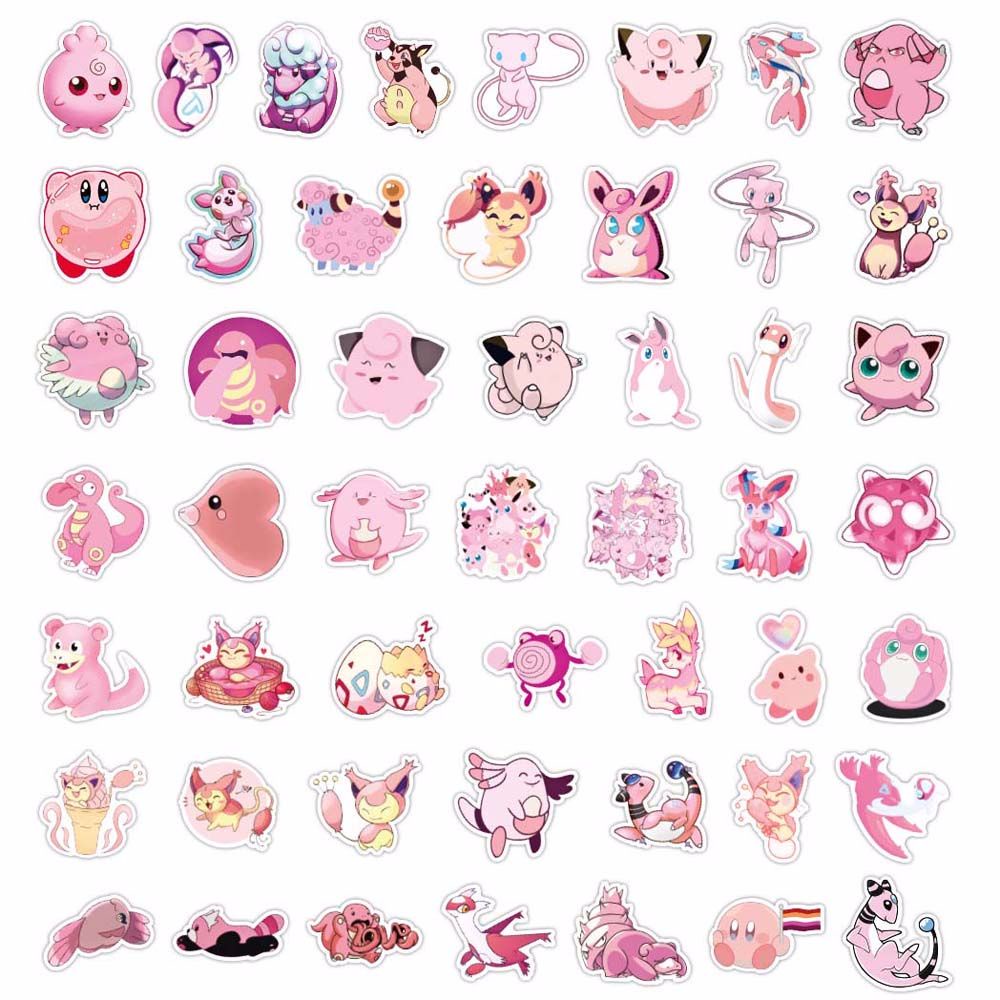 Bộ 50 Miếng Dán Trang Trí Xe Hơi / Laptop / Vali Hình Anime Ta-Kara Màu Hồng Chống Nước