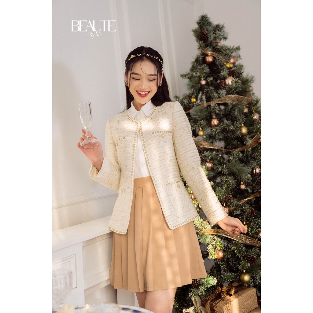 BEAUTEBYV - Áo blazer tweed dáng eo nhẹ phối ren ô kim tuyến trang trí Hacchic
