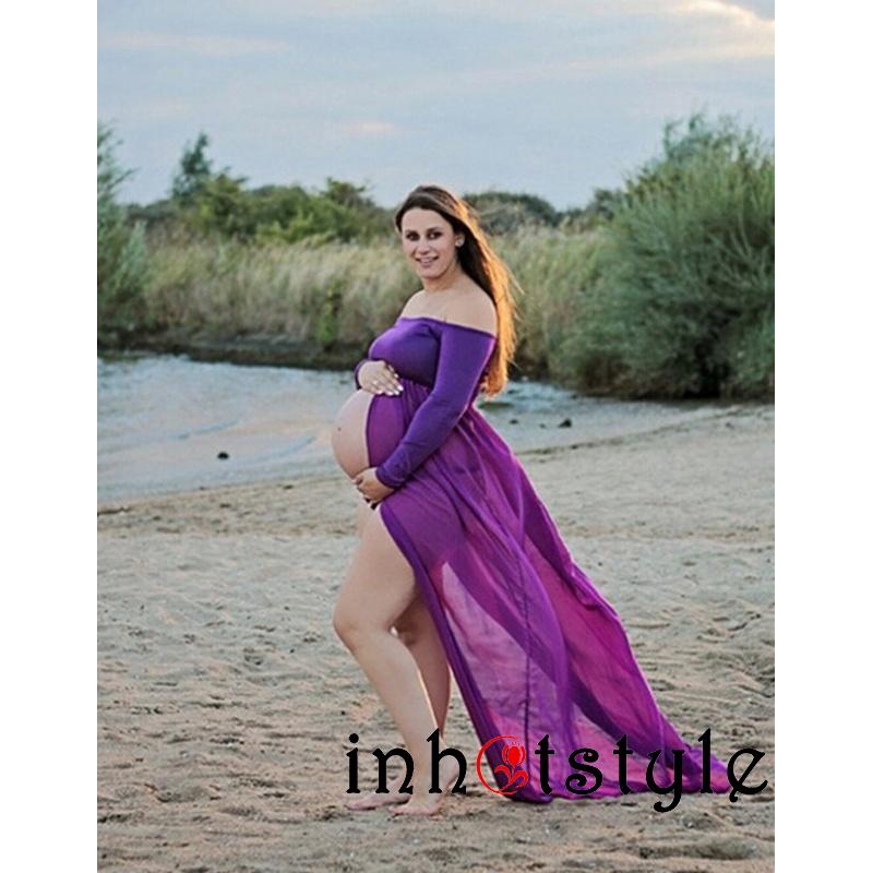 Đầm Maxi trễ vai chụp ảnh nghệ thuật dành cho phụ nữ mang thai