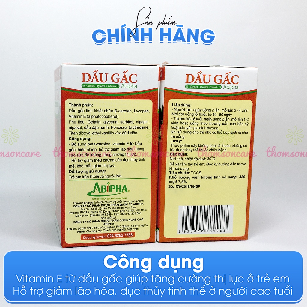 Dầu Gấc Abipha lọ 100 viên - bổ sung Vitamin A - sáng mắt đẹp da từ tinh dầu gấc nếp, ngăn ngừa lão hóa