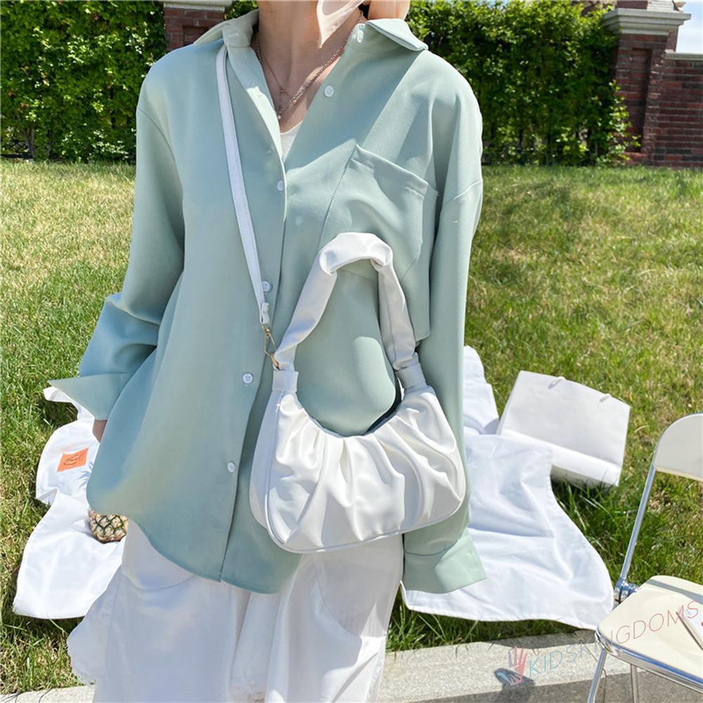 【Big Sale】Fashion Women Pure Color Canvas Shoulder Underarm Bag Pleated Hobos Handbag