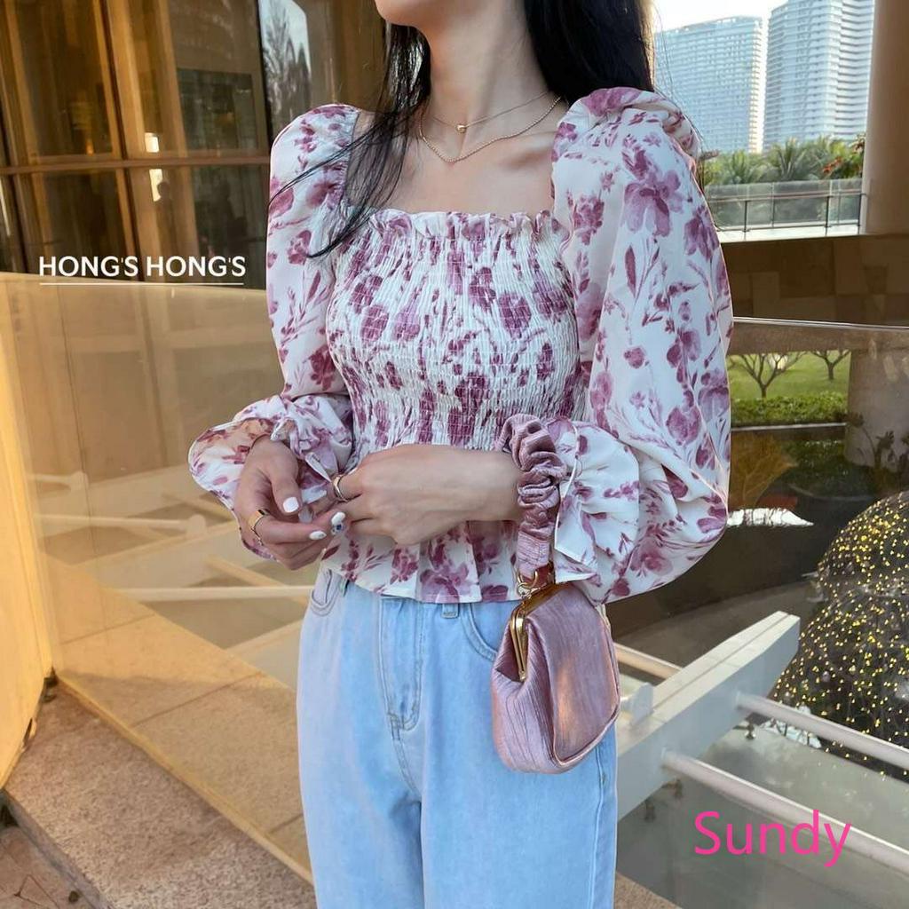 Áo Croptop Chất Chiffon Hoạ Tiết Hoa Thiết Kế Cổ Vuông Nữ Tính