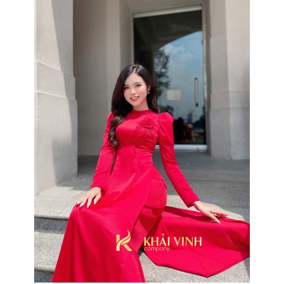 Áo dài đỏ đô tơ mềm cao cấp tay bồng đính hoa - Áo Dài Đan Linh